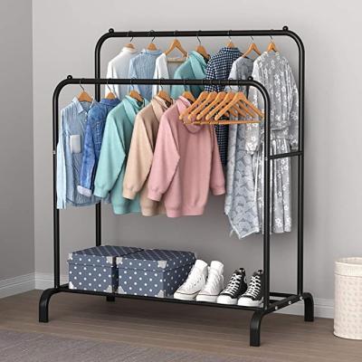 China Heavy Duty Clothes Rack Rail Metal Garment Rack Free Hanger Bedroom Double Pole Clothing Rack with Bottom Storage Shelf for Boxes Shipping and Handling for sale