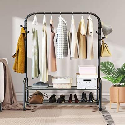 China Heavy Duty Double Pole Clothes Closes Black Metal Coat Rack Freestanding Garment Rack Hanger with 6 Side Hooks and 2-Tier Lower Storage Shelf for sale