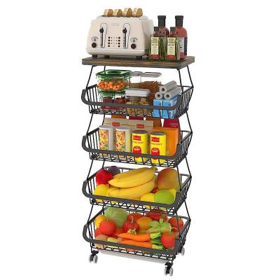 China Kitchen Furntiure Fruit Basket with Wooden Lid for Kitchen, Stackable Organizer 5-Tier Wire Fruit Vegetable Storage Basket Stand on Wheel, Product for sale