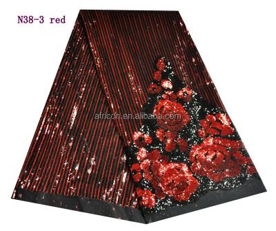 China New Design N38-3 Sequin Lace Fabric African Red Net Lace Fabric French Net Lace Dress Viable for sale