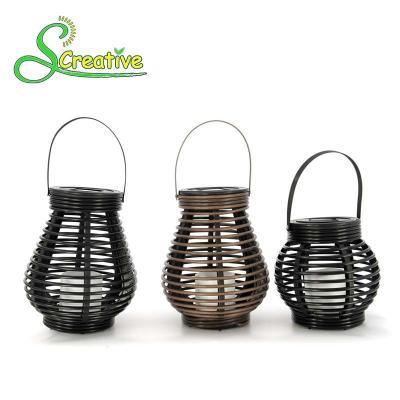 China Hanging Amorphous Silicon Solar Led Rattan Lantern , Round Rattan Candle Table Lanterns for sale