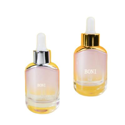 China Pink Stain 30ml Personal Care Thick Flat Bottle Serum Glass Bottom Dropper Bottle for sale