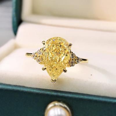 China Luxury Sparkle Diamond Rings Luxury Yellow High Carbon 925 Drop Shaped Sterling Silver Diamond Ring for sale