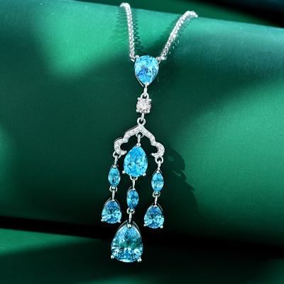 China 925 Sensitive Smart TRENDY Silver Choker 8*12mm Sapphire Gemstone Pendant High Carbon Diamond Necklace for sale