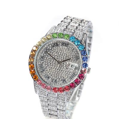 China Day/Date European And American Casual Simple Watch Hip Hop Diamond Rainbow Gradient Quartz Calendar Watch for sale