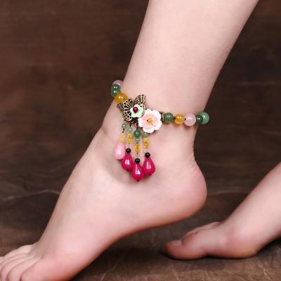 China Wholesale Ethnic Retro Style Agate Shell Flower Jade Foot Chain Handwoven Silver Green Accessories 925 for sale