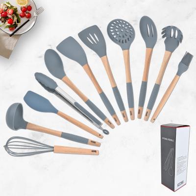 China Good Quality Eco-friendly Hot Selling 11 Handle Silicone Kitchenware Wooden Kitchen Tools Sets for sale