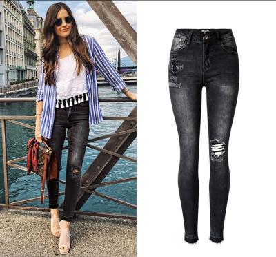 China Spring Breathable Summer Stretchy Black Hole Ripped Jeans Woman Denim Pants Trousers For Women Pencil Skinny Jeans for sale