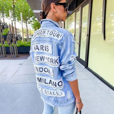 China Amazon fashion sale fashion letter patchwork jeans jacket women hot long sleeve denim coats 2021 streetwear for sale