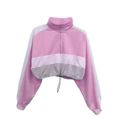 China Anti-Wrinkle Logo Half Zip Tri Color Custom Split Sweatshirt Drawstring Joint Edge Cropped Sweatshirt Women for sale