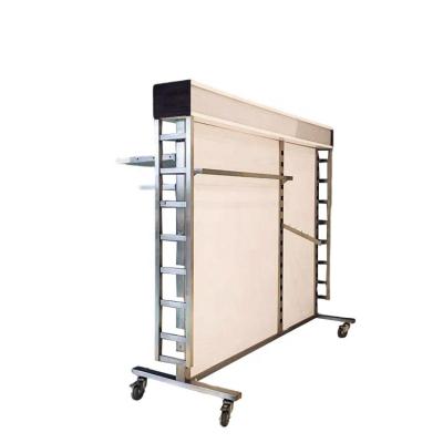 China High Quality Eco-friendly Clothing Store Metal Portable Two Sided Retail Display Rack With Wheels For Garment Retail Store for sale