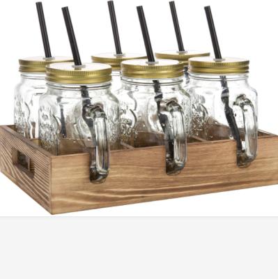 China China MyGift Mason Jar Mug Glasses with Lids, Straws and Wooden Carriage, Brown, Set of 6 for sale