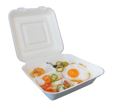 China Heatable 9*9 Inches 3 Compartment Lunch Box Biodegradable Bagasse Food Storage Containers for sale