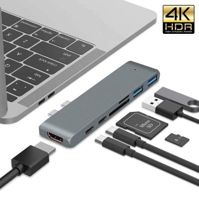 China Wholesale 6in1 Aluminum Alloy Usb C Hub Multiport Adapter With Pd Type C Usb 3.0 Dual Card Reader Charging For Macbook Pro for sale