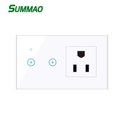 China Google Residential / Multi-Purpose Home Wall Smart Switch with 2Gang Socket Touch Wireless Switch with US Standard Wall Outlet for sale