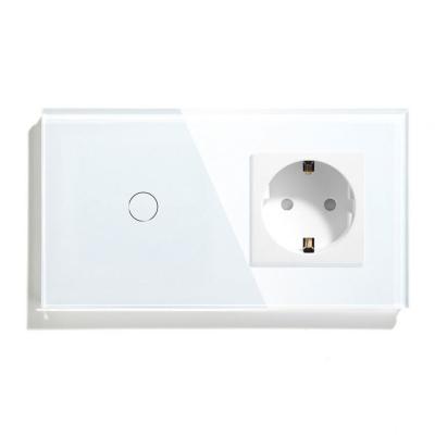 China Residential / Multipurpose Double Frame 1gang Light Switch with European Eu Plug Panel 157*86mm Glass Switches and Sockets for sale