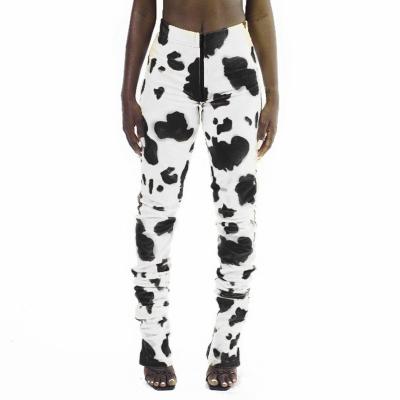 China Amazon Fashion Cow Pattern QUICK DRY Print Zip Up Casual Stacked Ruched Pants Trousers For Women for sale