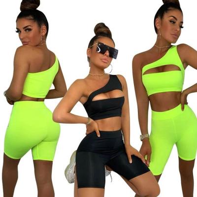 China 2021 Breathable Apparel Sleeveless Neon Shoulders Sport Shockproof Bra Suit Hollowed-out Beauty Back Bra With Shorts Yoga Two Piece Sets for sale