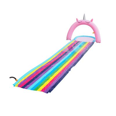 China New Design Garden Toys Children Fun Games Water Fun Splash Friends Pink Unicorn Slip Slide With Inflatable Sprinkler Water Slide For Kids for sale