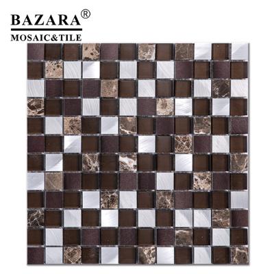 China Deep Stone Parquet Foshan Mosaic Emperador Mix Metal And Glass Mosaic Brown Wall Slabs for sale