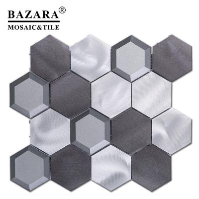 China Metallic Bottom Beveled Glass Parquet Mix Brushed Aluminum Hexagon Metal Mosaic Slabs Length 72mm for sale