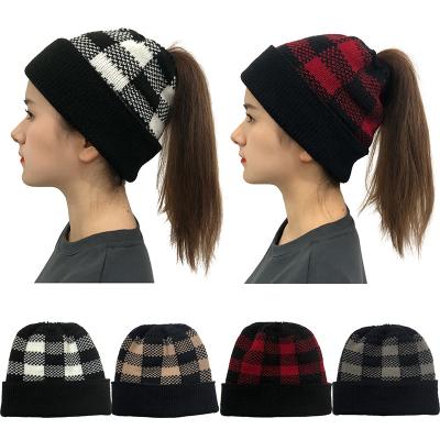 China Plush Thickly Knitted Warm Women's Beanie Hats Ponytail Jacquard Large Lattice Wool Hat for sale