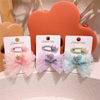 China Korean New Fashionable Children's Cute Gauze Bow Hairpin Princess Baby Crown BB Clip Little Girl Star Hairpins for sale