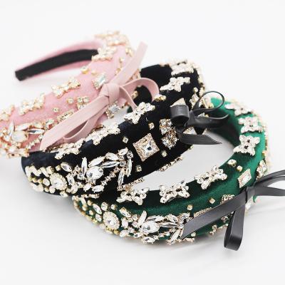 China New Fashion Wholesale Hair Cloth Women Hair Accessories Baroque Luxury BowKnot Headband Crystal Velvet Padded Party Vintage Headband for sale