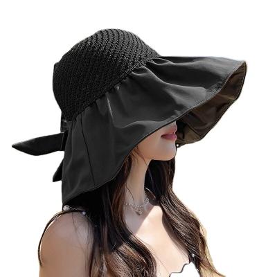 China Japan And Korean Style Summer Wide Rim Vinyl Knitted Bucket Hat Women Fisherman Pond Hat Bow Beach Outdoor Sun Hat for sale