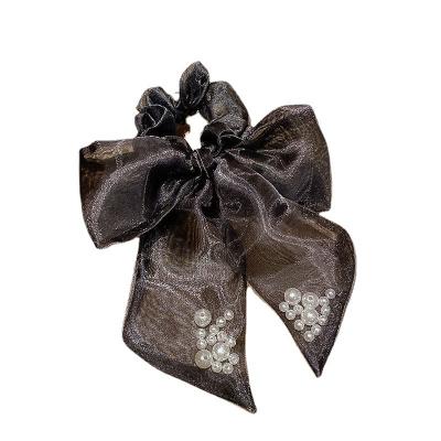 China Fashion Black Organza Hair Accessories Sweet Elegant Girl Elastic Hair Band Ponytail Holder Pearl Bow Tie for sale