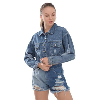 China 2021 Fashion Ladies Coat Breathable Casual Denim Jacket Loose And Slightly Style Blue Short Denim Jacke Ripped Holes Jean Jacket Women for sale