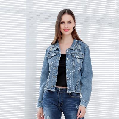 China Women's Casual Blue Ripped Rivet Ripped Denim Jean Jacket Coat Long Sleeve Fashion Jacket for sale