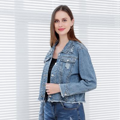 China Fashion Autumn Breathable Women Rivet Cropped Studded Jean Jackets Women Custom Denim Blue Cropped Jacket for sale