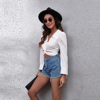 China Anti-Wrinkle Fashion Design Women's Summer Lapel Short Shirt Casual Solid Color Front Cross Chiffon Shirt for sale