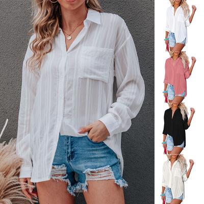 China New Fashion Anti-Shrink Ladies Sheath Long Turn-down Collar Shirt Jacquard Design Chiffon Spring Women's Casual Loose Shirt for sale