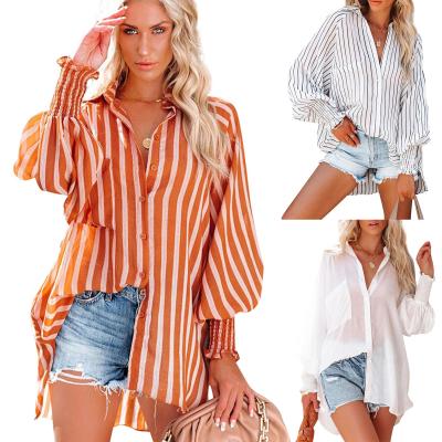 China Spring Anti Shrink Fashion Casual Striped Top Shirts Blouses Sheath Long Loose Ladies Button Pocket Tops for sale