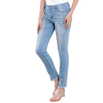 China Hot Sales Stylish Rhinestone Straight Leg Women Slim Fit Stretch Casual Light Blue Jeans for sale