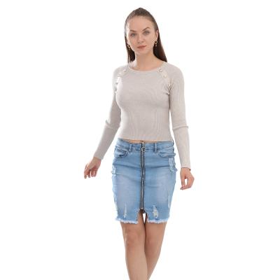 China Breathable Women Fashion Denim Pencil Skirt High Waisted Kick Knee Zipper Fly Blue Raw Edge Ripped Jeans Skirt for sale