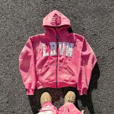 China Custom Oversized 500gsm Acid Washed Zip Up Distressed Letter Patchwork Embroidery Hoodies for sale