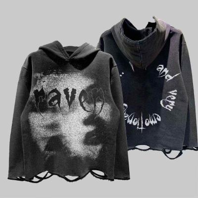 China Cotton Distressed Hoodie Dtg Print Hoodie Francês Terry Pullover Rasgado Cut Raw Hem Hoodie à venda