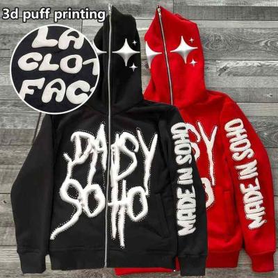 China Custom Streetwear 100% Cotton Heavyweight Full Face Zip Up Rhinestone 3d Puff Printing Hoodies for sale