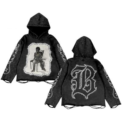 China Black Vintage Rhinestone Hoodie Distressed Embroidery Patch 220 Grams Heavyweight Acid Wash for sale