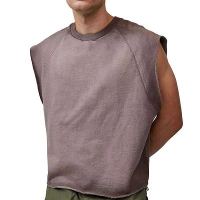 China Unisex Heavyweight 100% Cotton Ribbed Crew Neck Raw Hem Cropped Boxy Fit Sleeveless T Shirts for sale