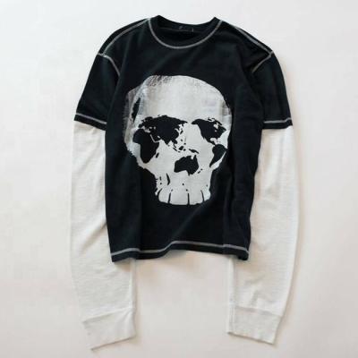 China Estilo Hip Hop T-shirt de manga larga de doble capa personalizada camisetas de doble sombreado con gráfico de calavera impreso en venta