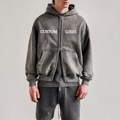 China Streetwear Distressed Ripped Washed Custom Hoodies Cotton Double Zipper Hoodie for Men for sale