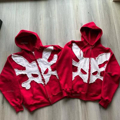 China WASHED Custom 500 Gsm Streetwear Heavyweight French Terry Vintage Acid Wash Distressed Patch Applique Embroidery Zip Up Hoodie for sale