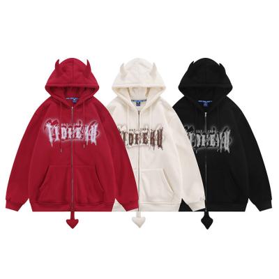 China 8oz 12 Ounce Zipped Hooded Sweatshirt Devil Horn Printed Fleece Blank Unisex Couple Men Oversized Full Zip Up Pullover for sale