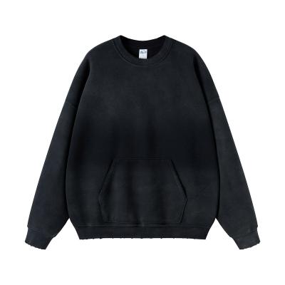 China 360grams Spray Dyed Plain Dyed Mens Black Worn Washed Crewneck Sweatshirt Regular Sleeves for sale