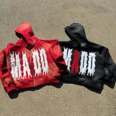 China Blank Custom Couple Borduur Hoodie Zon Vervaagde Patchwork Distressed Streetwear Hoodie Te koop