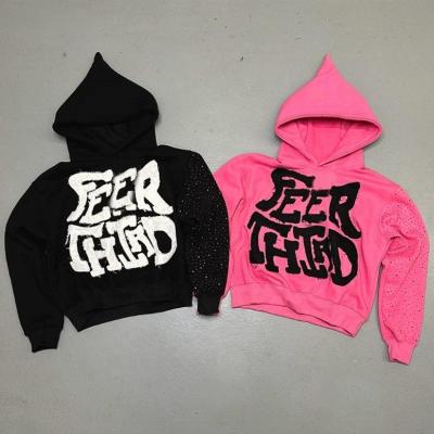 China Cotton Knitted Streetwear Distressed Patch Work Cropped Black Pink Rhinestone Hoodie With Rhinestones for sale